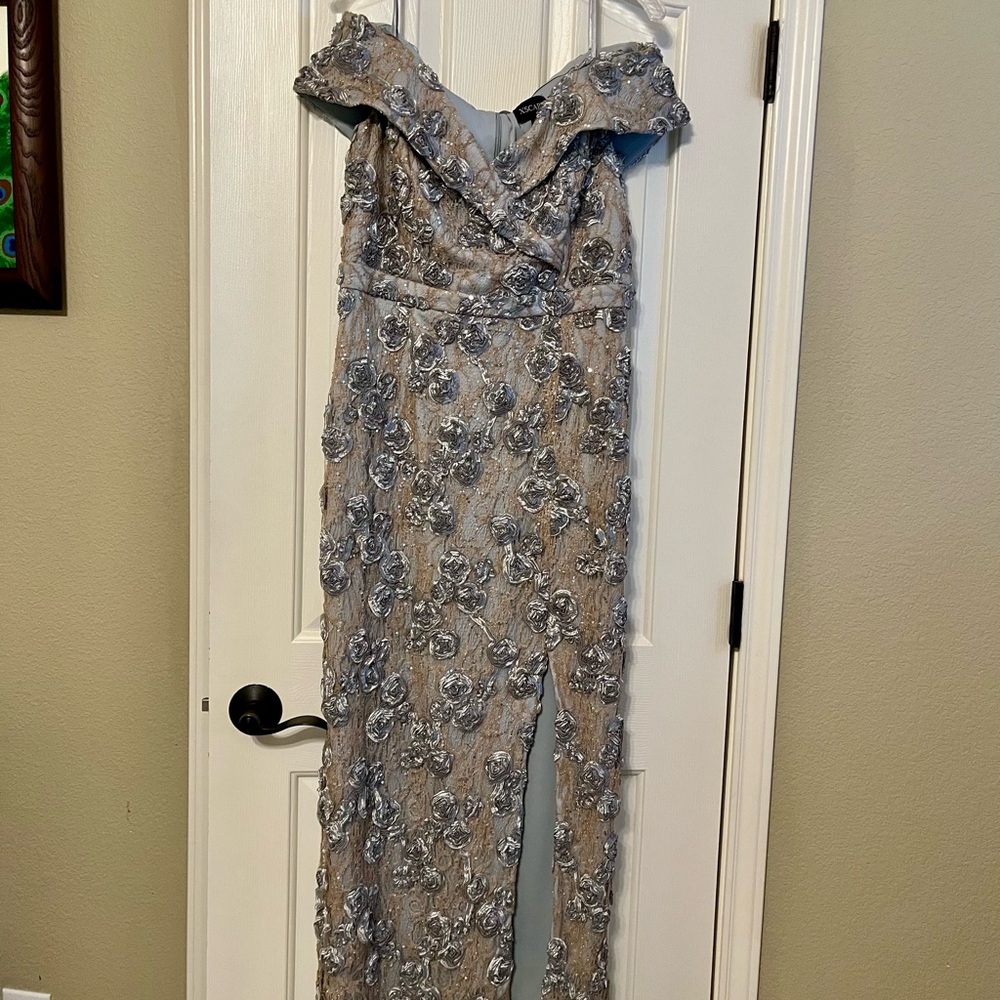 Xscape Silver/Gold Off-Shoulder Gown w/ front Slit (12p)